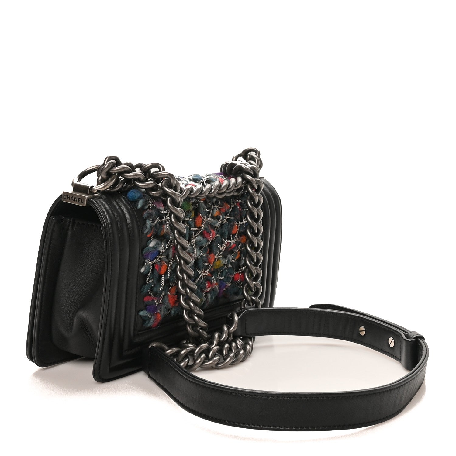 Calfskin Tweed Chain Small Boy Flap Black