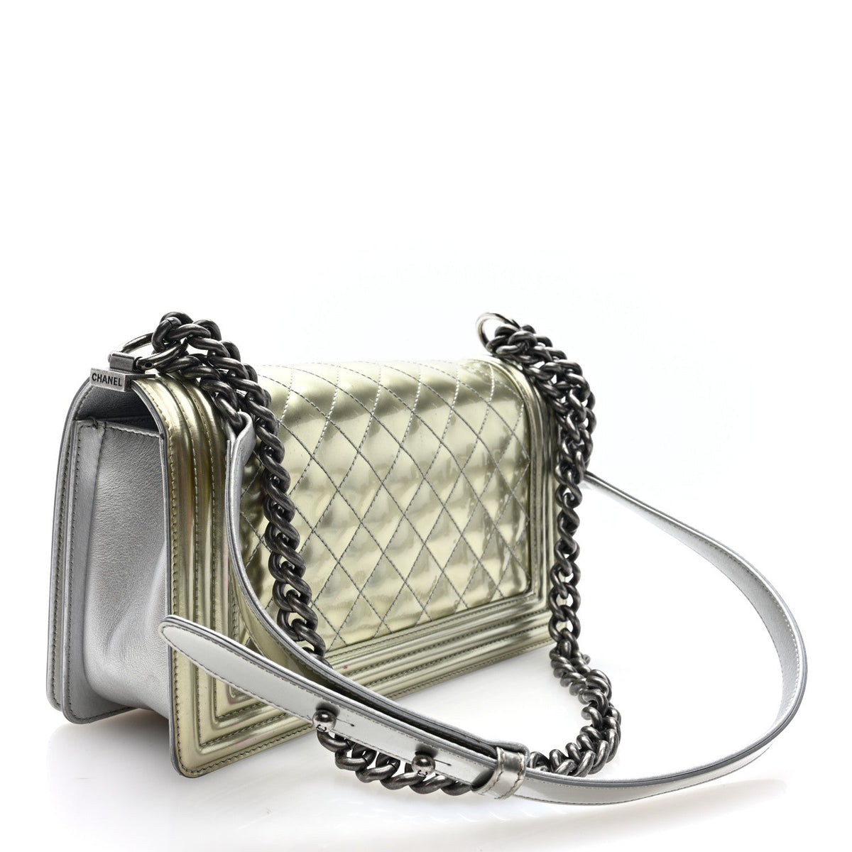 Metallic Patent Calfskin Quilted Medium Boy Flap Silver