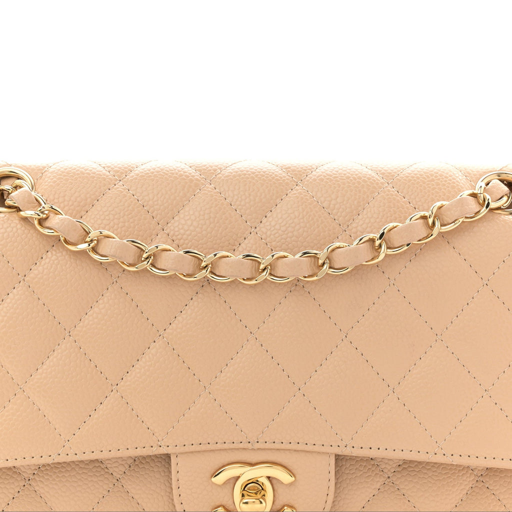 Caviar Quilted Medium Double Flap Beige