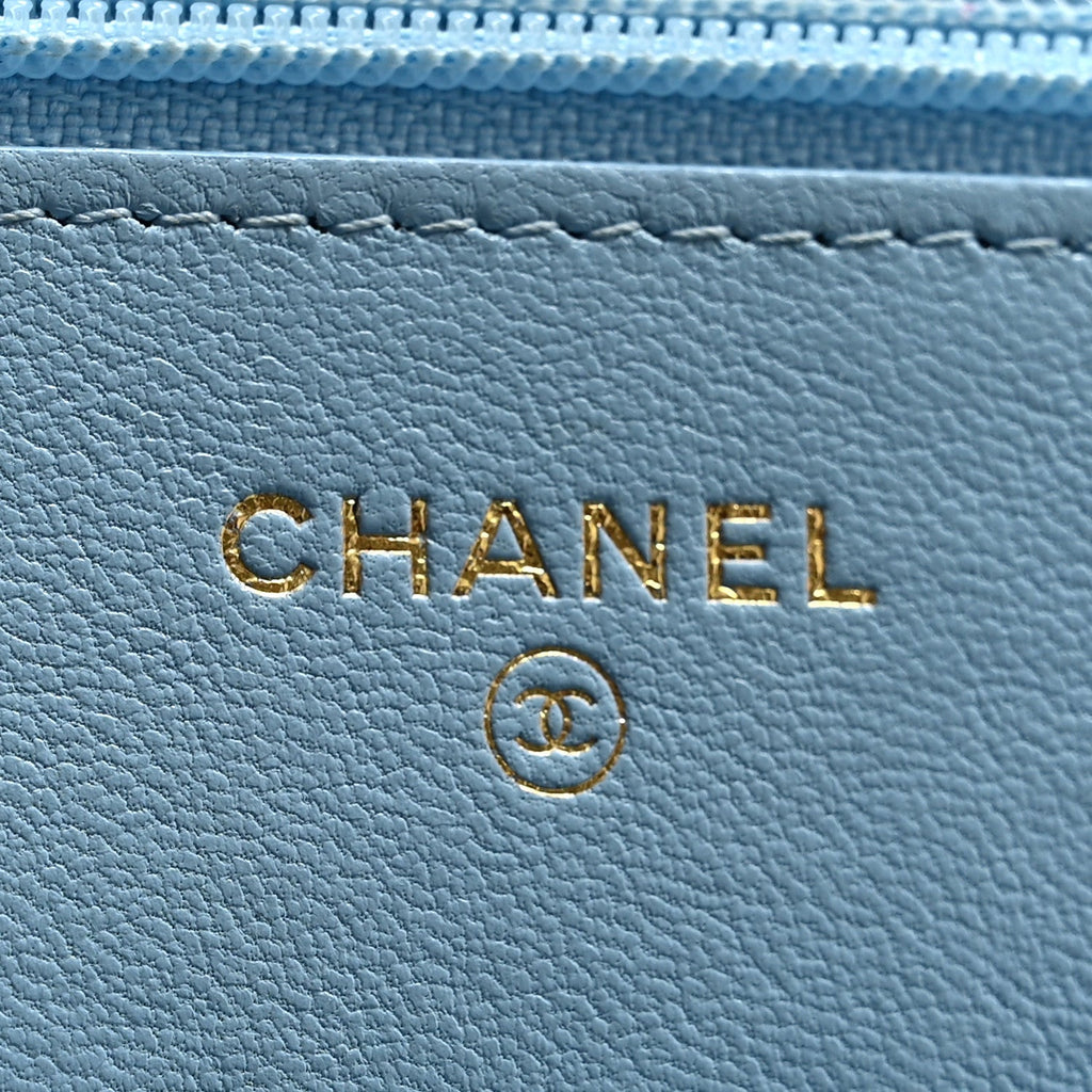Lambskin Quilted Chanel 19 Wallet On Chain WOC Light Blue