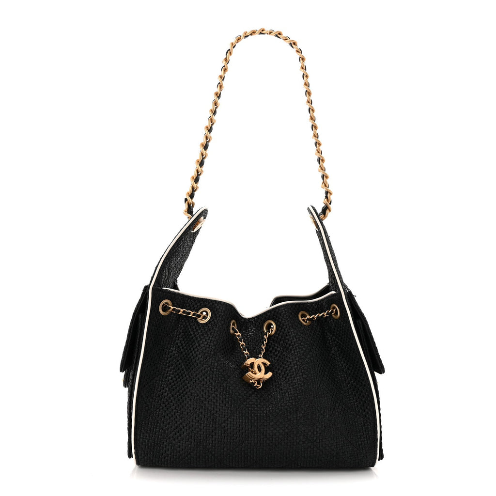 Braided Raffia Calfskin Small Chanel 25 Handbag Black White