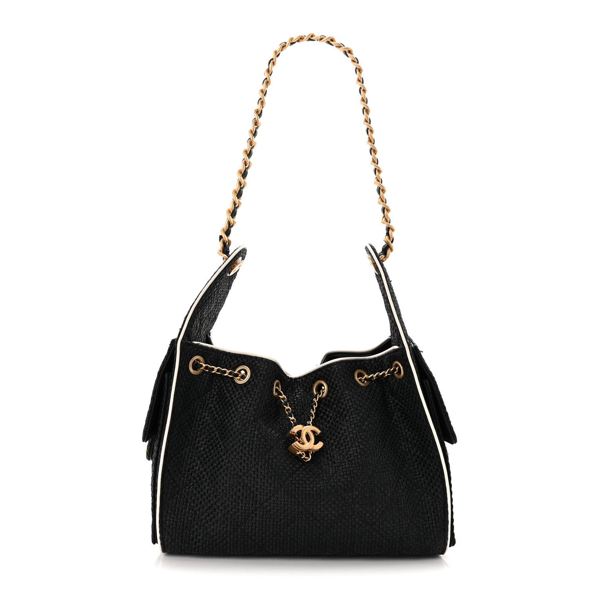 Braided Raffia Calfskin Small Chanel 25 Handbag Black White