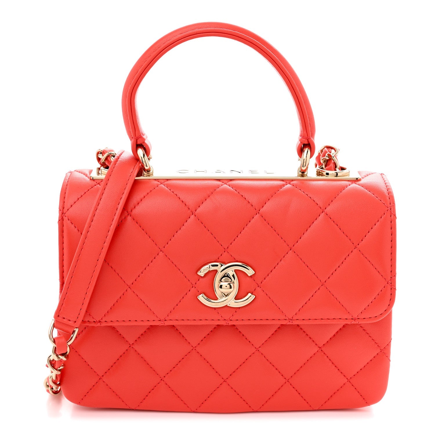 Lambskin Quilted Mini Trendy CC Dual Handle Flap Bag Dark Orange