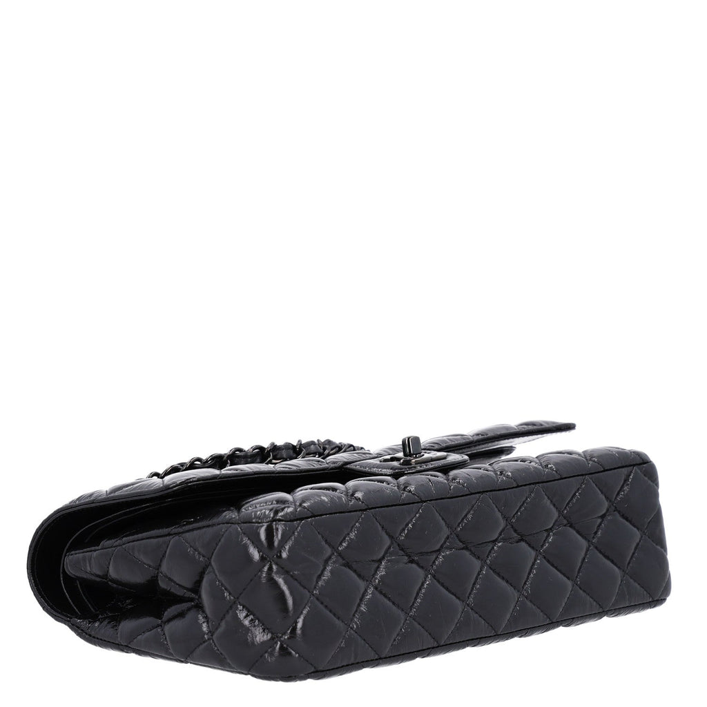 Shiny Crumpled Calfskin Quilted Medium Double Flap So Black