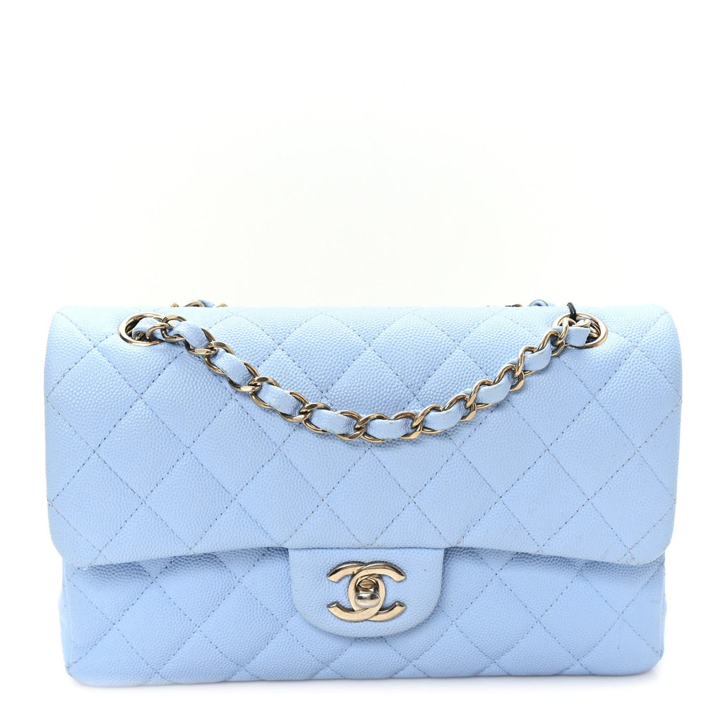 Caviar Quilted Small Double Flap Light Blue