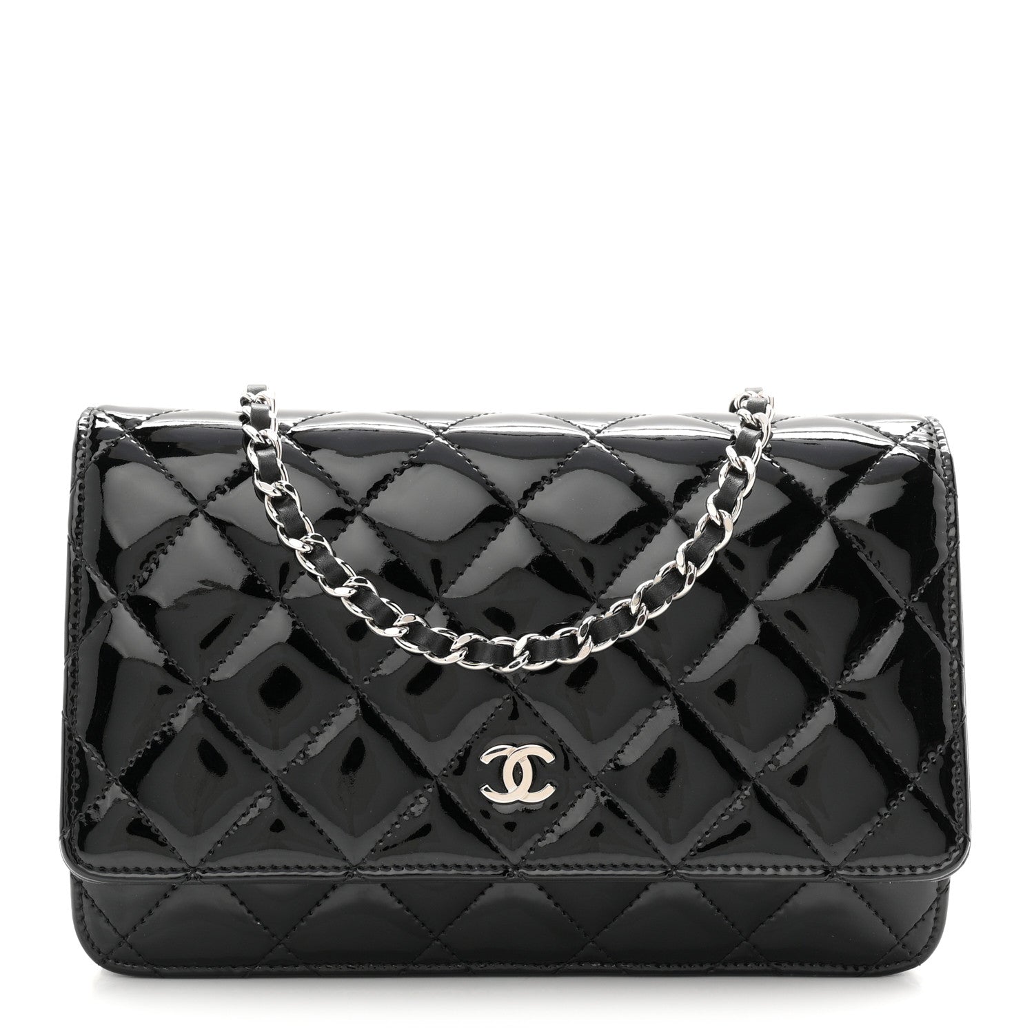 Patent Quilted Wallet On Chain WOC Black