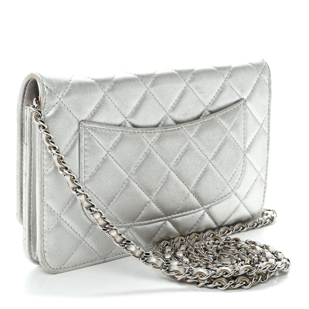 Metallic Lambskin Quilted Wallet On Chain WOC Silver