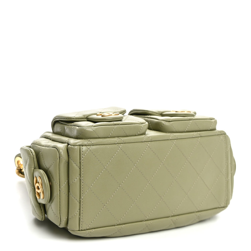 Shiny Lambskin Quilted Trendy Pockets Hobo Green
