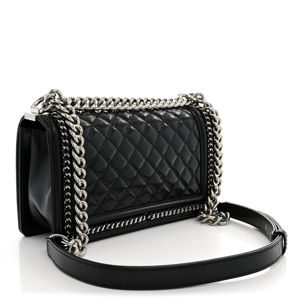 Glazed Calfskin Quilted Medium Chain Around Boy Flap Black