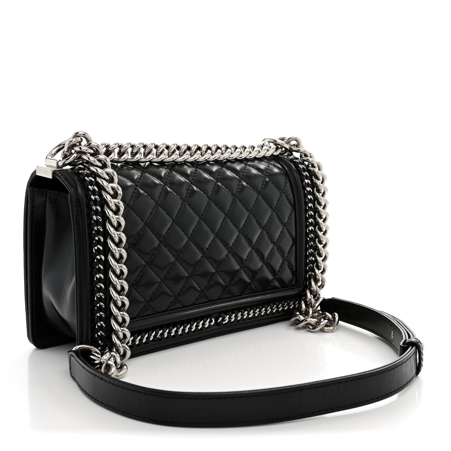 Glazed Calfskin Quilted Medium Chain Around Boy Flap Black