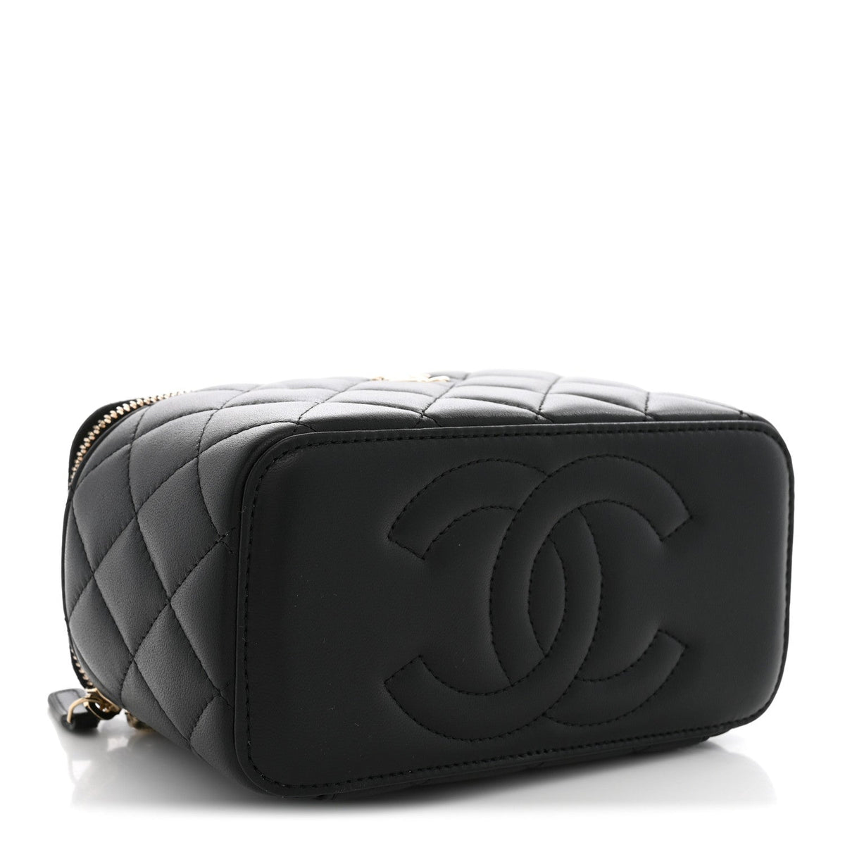 Lambskin Quilted Trendy Small Top Handle Vanity Case With Chain Black