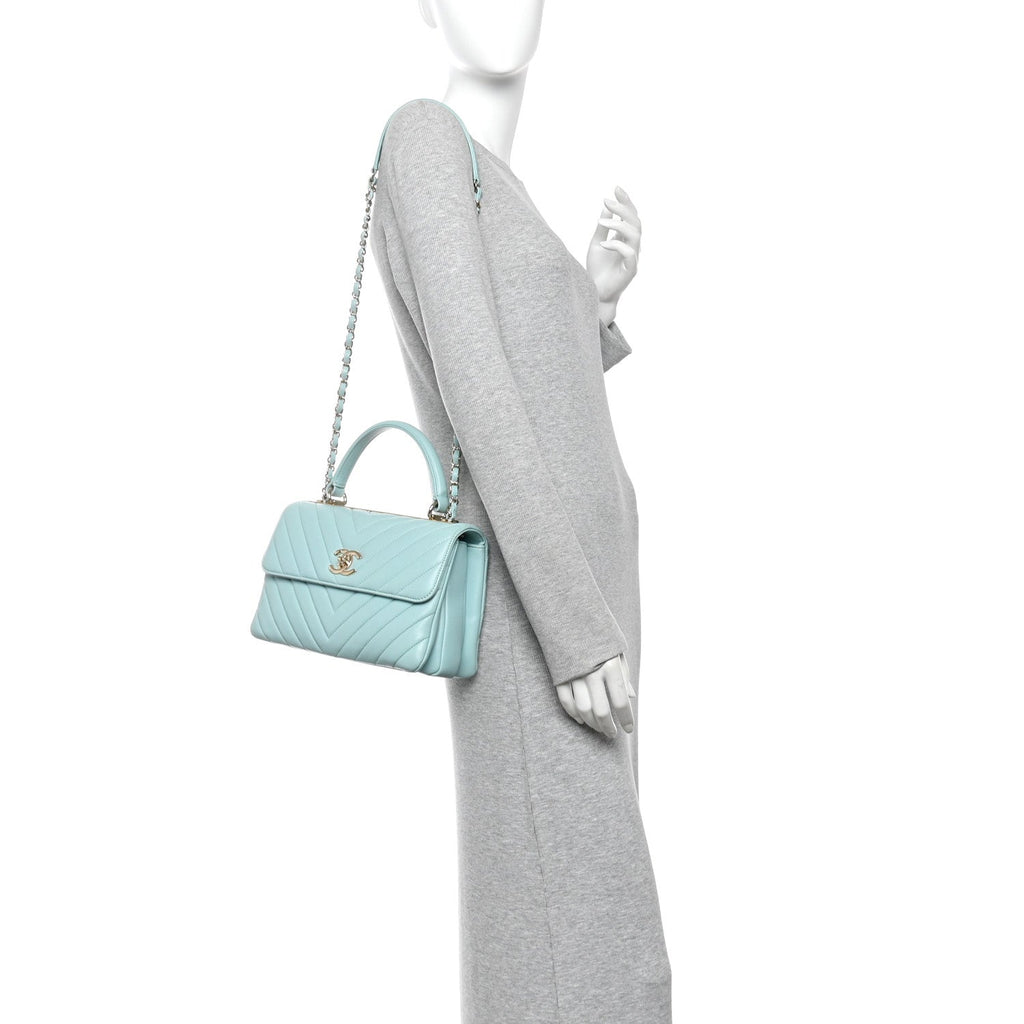 Lambskin Chevron Quilted Small Trendy CC Flap Dual Handle Bag Light Blue
