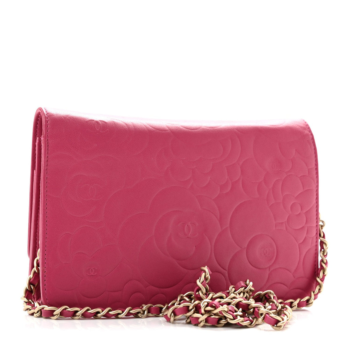 Lambskin Camellia Embossed Wallet on Chain WOC Fuchsia