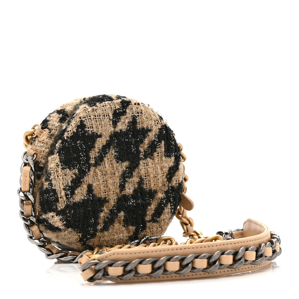 Wool Tweed Lambskin Quilted Chanel 19 Round Clutch With Chain and Coin Purse Beige Black