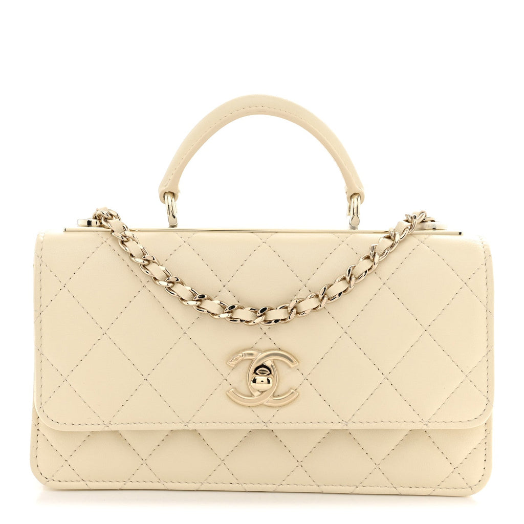Lambskin Quilted Trendy CC Dual Handle Clutch With Chain Light Beige