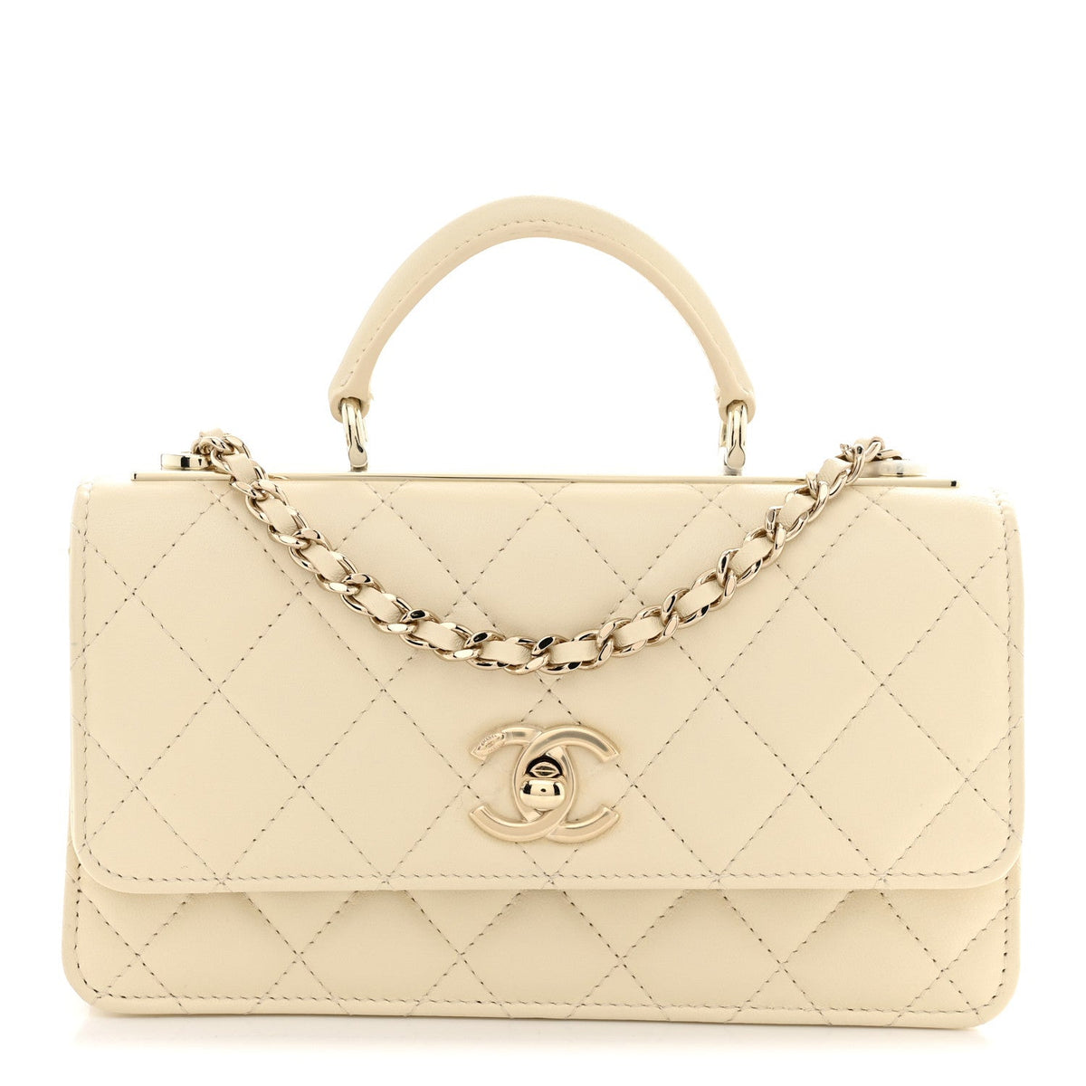 Lambskin Quilted Trendy CC Dual Handle Clutch With Chain Light Beige