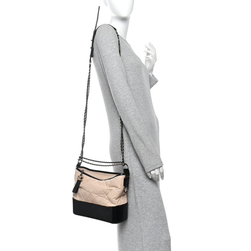 Aged Calfskin Quilted Medium Gabrielle Hobo Beige Black