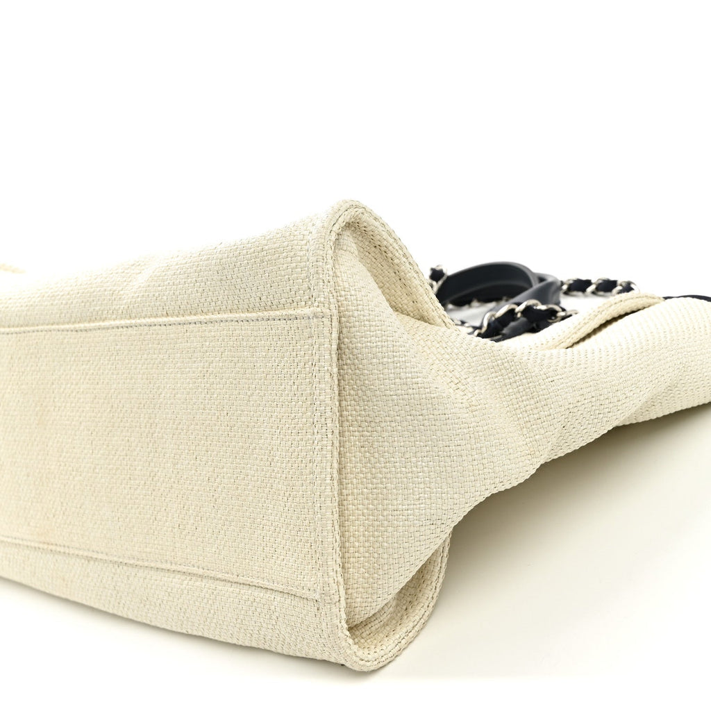Woven Straw Raffia Medium Deauville Tote White Navy