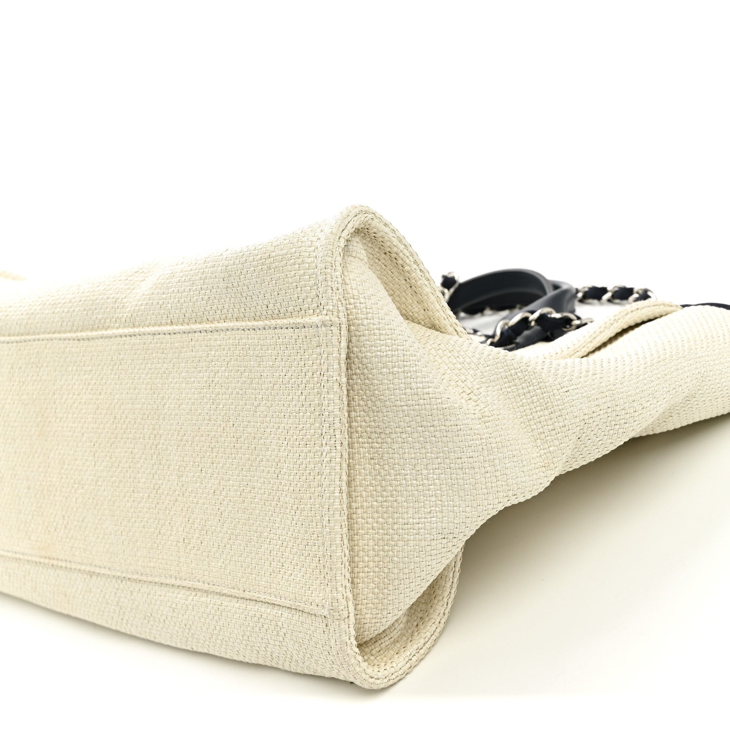 Woven Straw Raffia Medium Deauville Tote White Navy