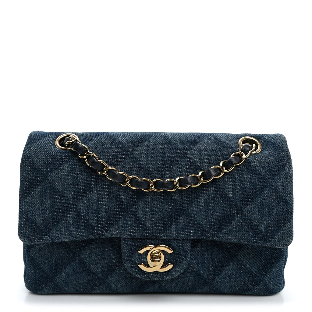 Printed Denim Quilted Small Double Flap Light Blue