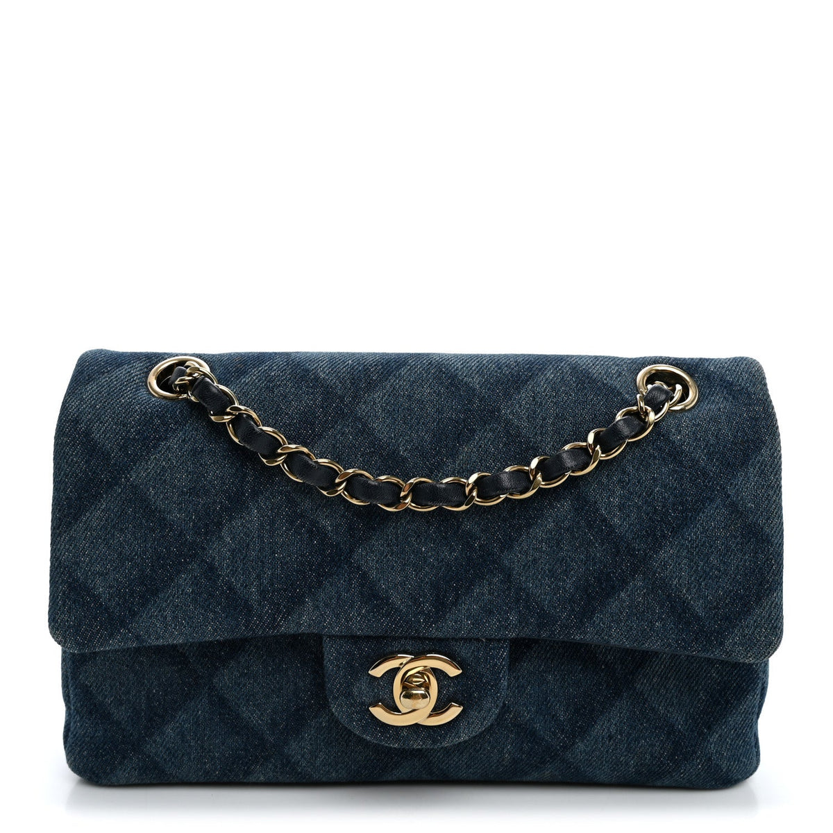 Printed Denim Quilted Small Double Flap Light Blue
