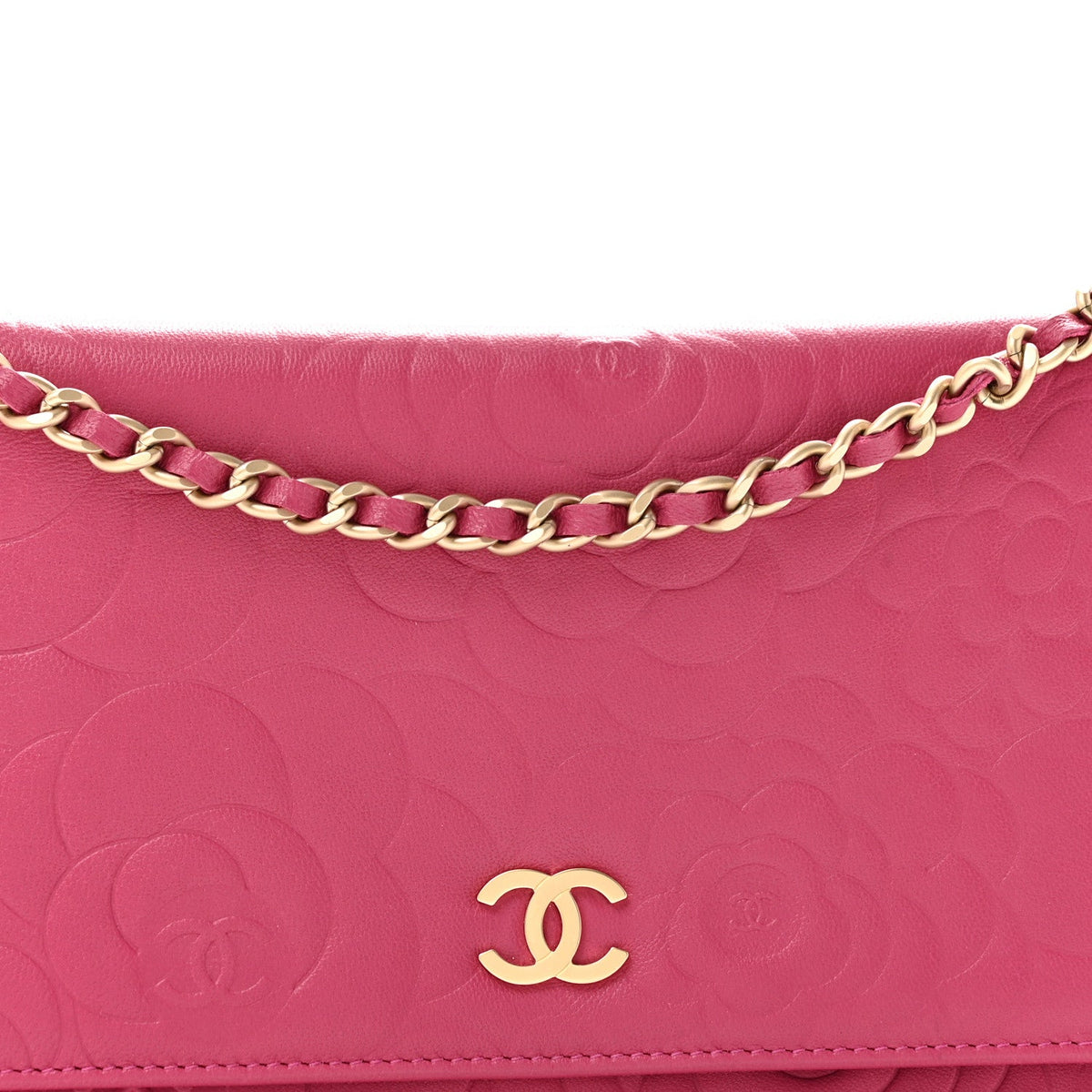 Lambskin Camellia Embossed Wallet on Chain WOC Fuchsia