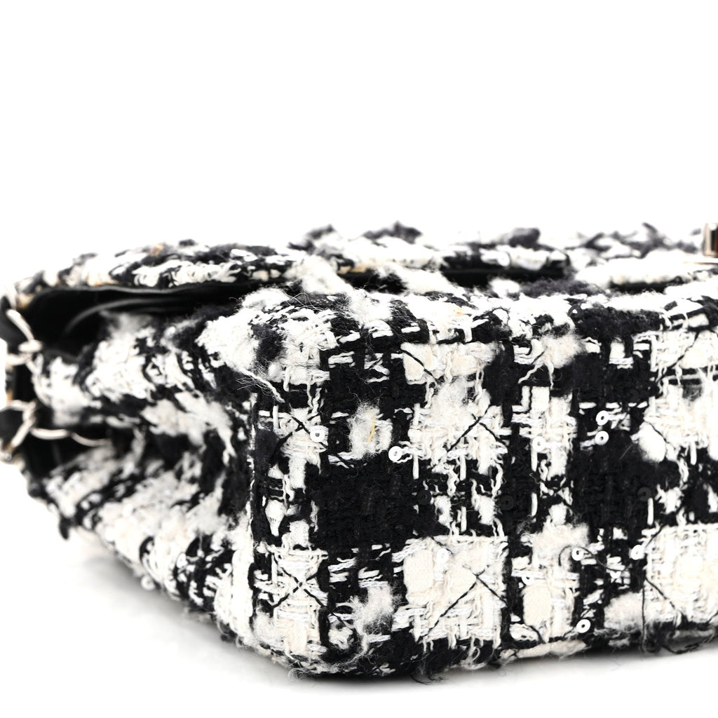 Tweed Sequin Quilted Medium Double Flap Black White
