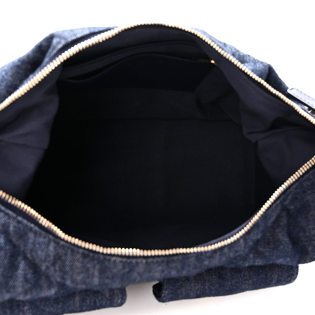 Washed Denim Quilted Large Trendy Pockets Hobo Dark Blue