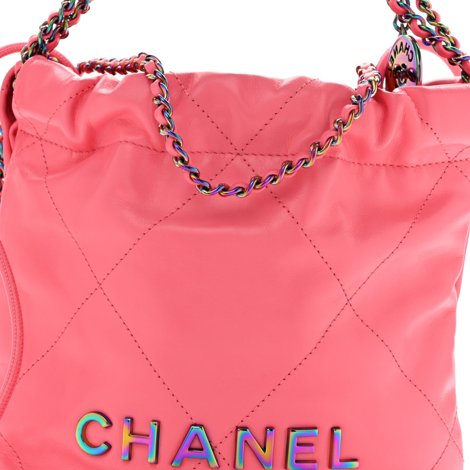 Shiny Calfskin Quilted Rainbow Metal Mini Chanel 22 Coral Pink