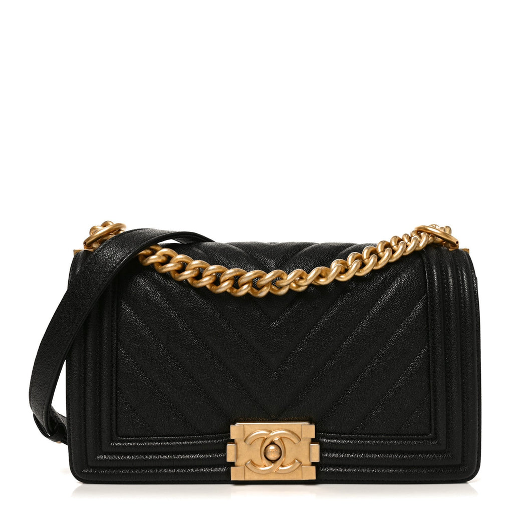Caviar Chevron Quilted Medium Boy Flap Black