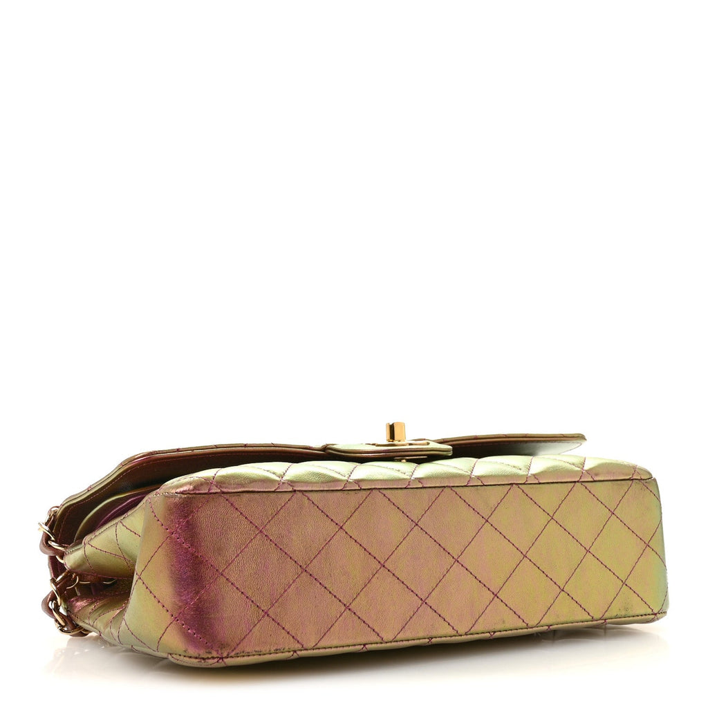 Iridescent Lambskin Quilted Medium Double Flap Purple
