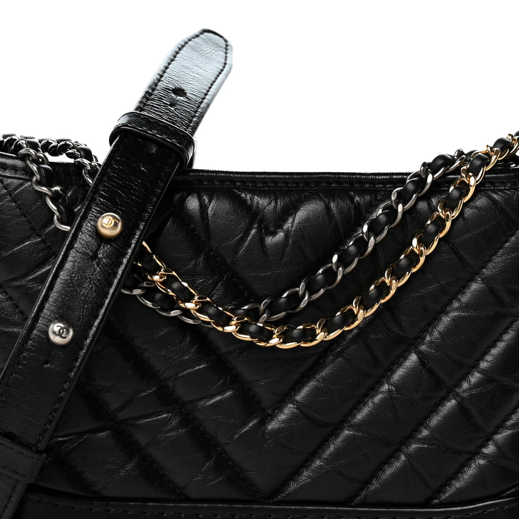 Aged Calfskin Chevron Quilted Small Gabrielle Hobo Black