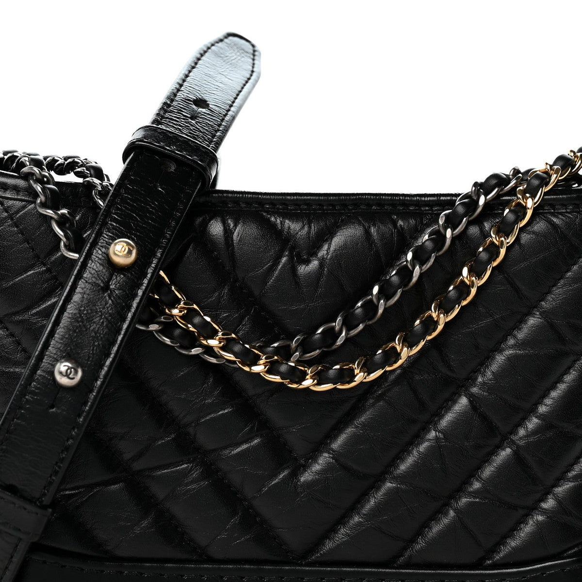 Aged Calfskin Chevron Quilted Small Gabrielle Hobo Black
