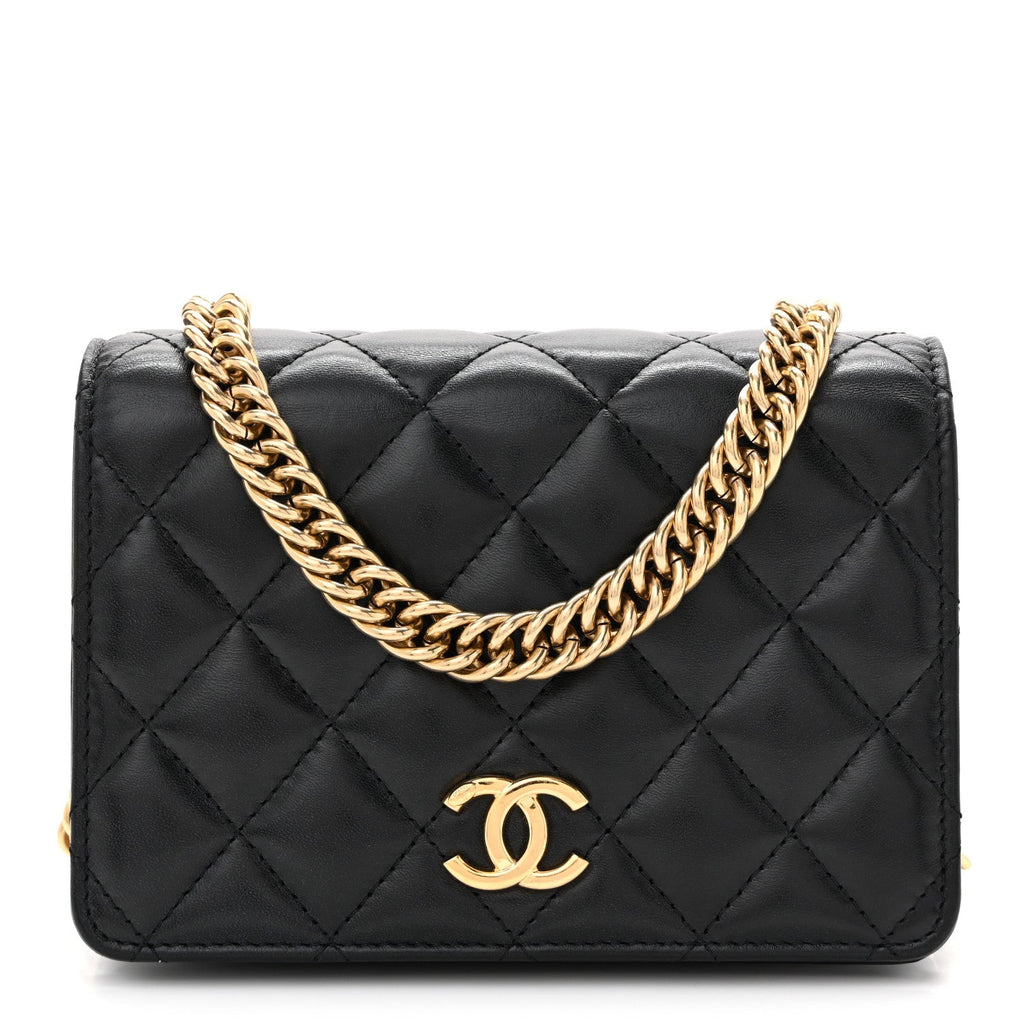 Lambskin Resin Quilted Mini Wallet On Chain WOC Black