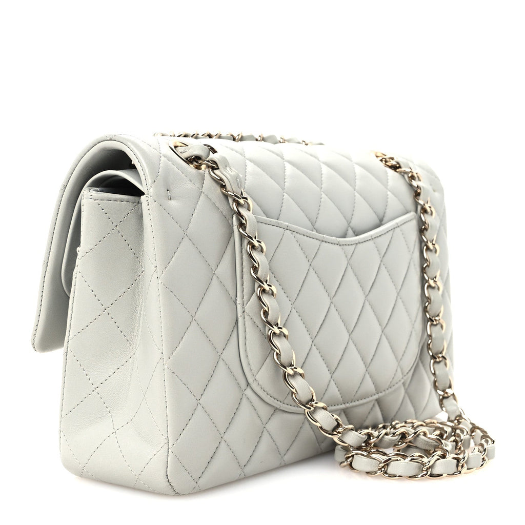 Lambskin Quilted Medium Double Flap Light Grey