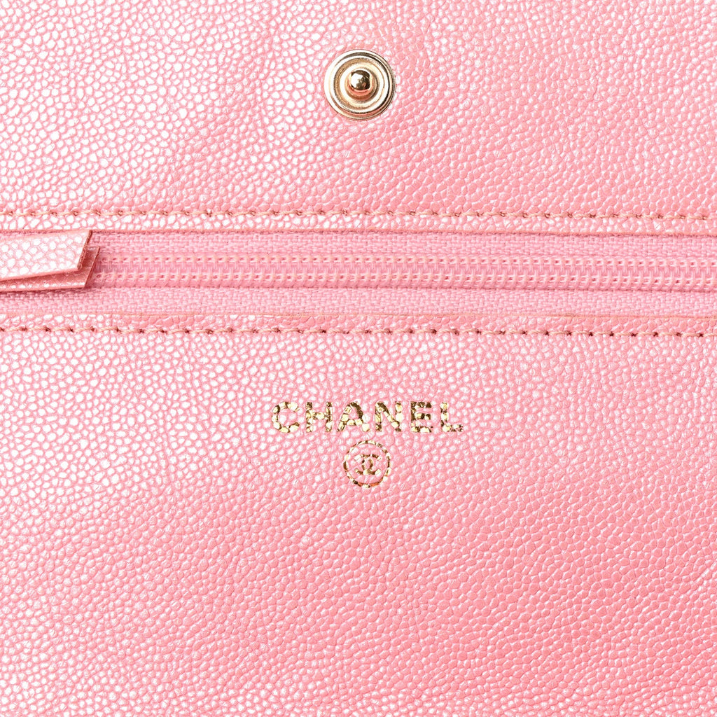 Iridescent Caviar Quilted Wallet on Chain WOC Rose Pink