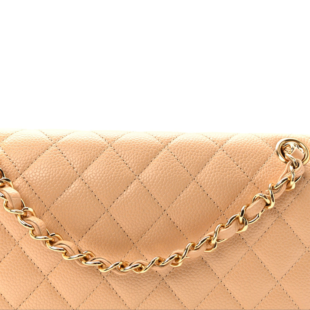 Caviar Quilted Medium Double Flap Beige