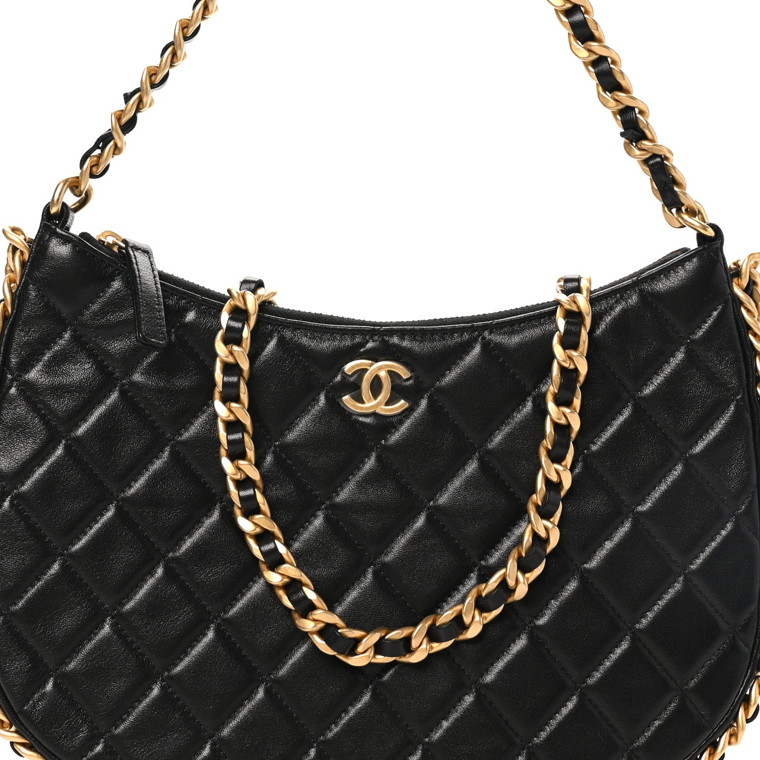 Shiny Crumpled Lambskin Quilted Large Trendy Chain Around Hobo Black