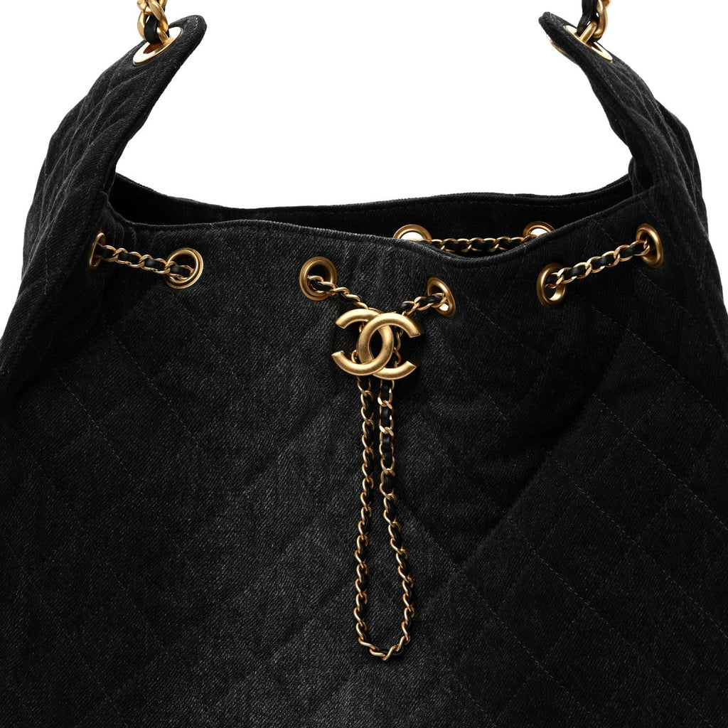 Washed Denim Quilted Medium Chanel 25 Handbag Black