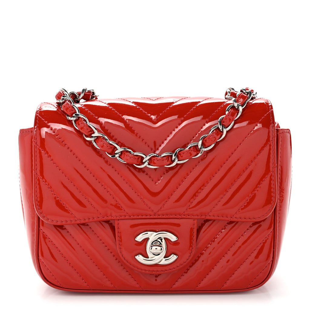 Patent Chevron Quilted Mini Square Flap Red