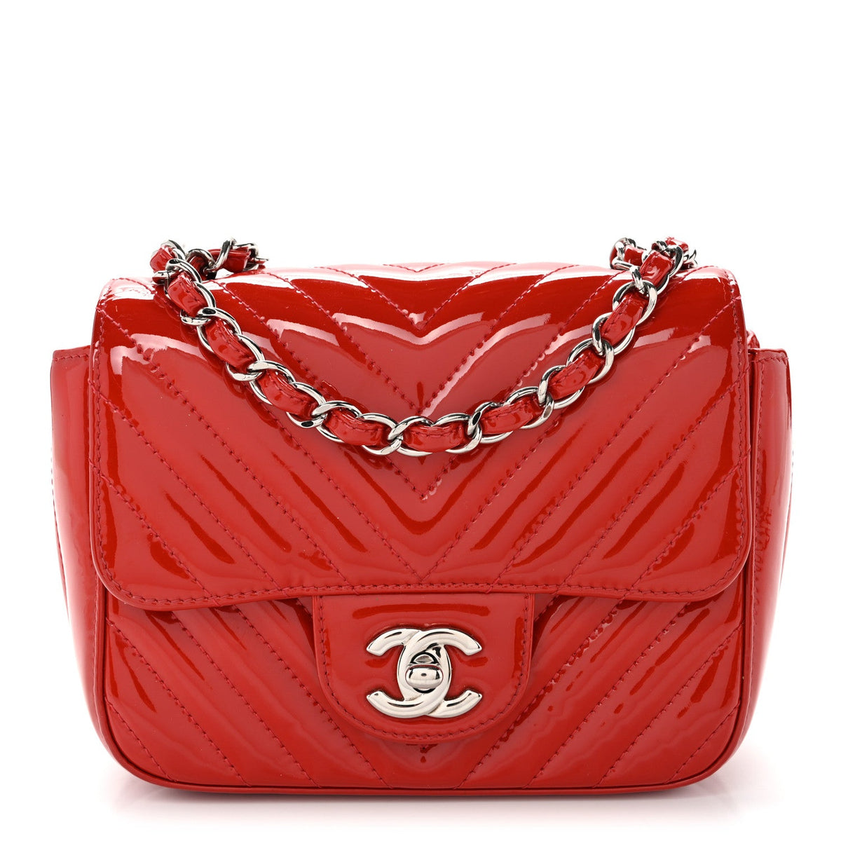 Patent Chevron Quilted Mini Square Flap Red