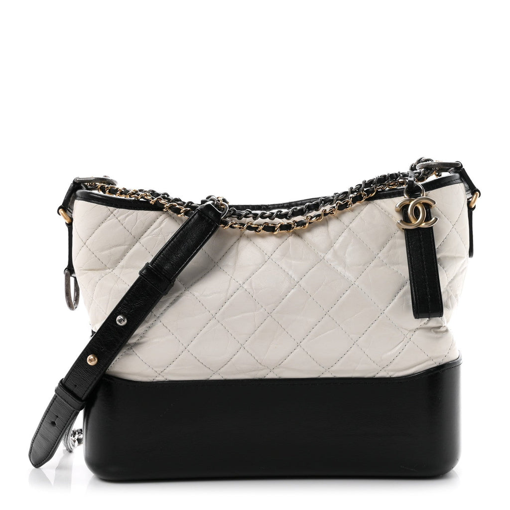 Aged Calfskin Quilted Medium Gabrielle Hobo Black White