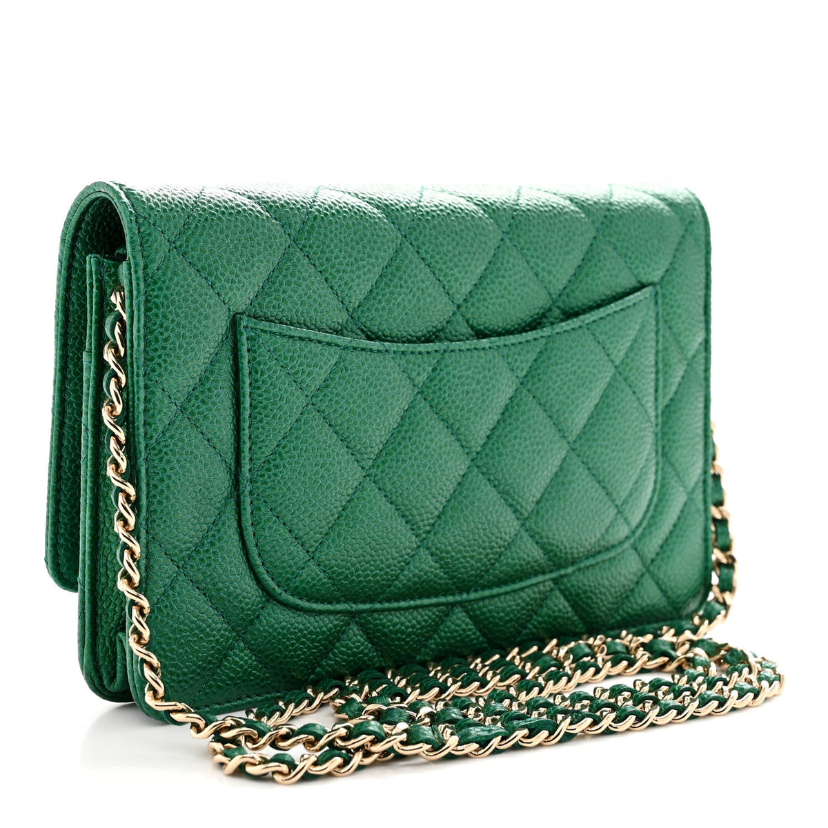 Metallic Caviar Quilted Wallet On Chain WOC Green