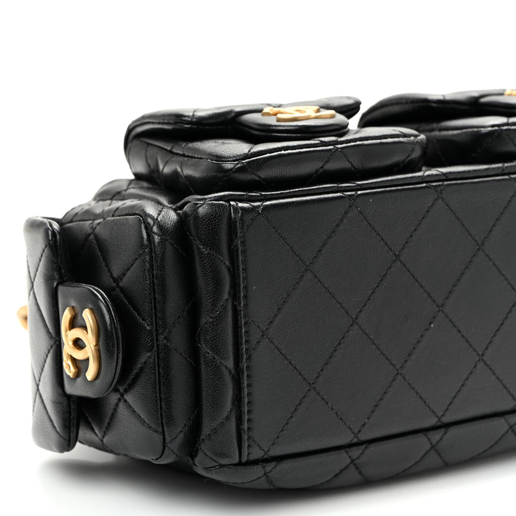 Shiny Lambskin Quilted Trendy Pockets Hobo Black