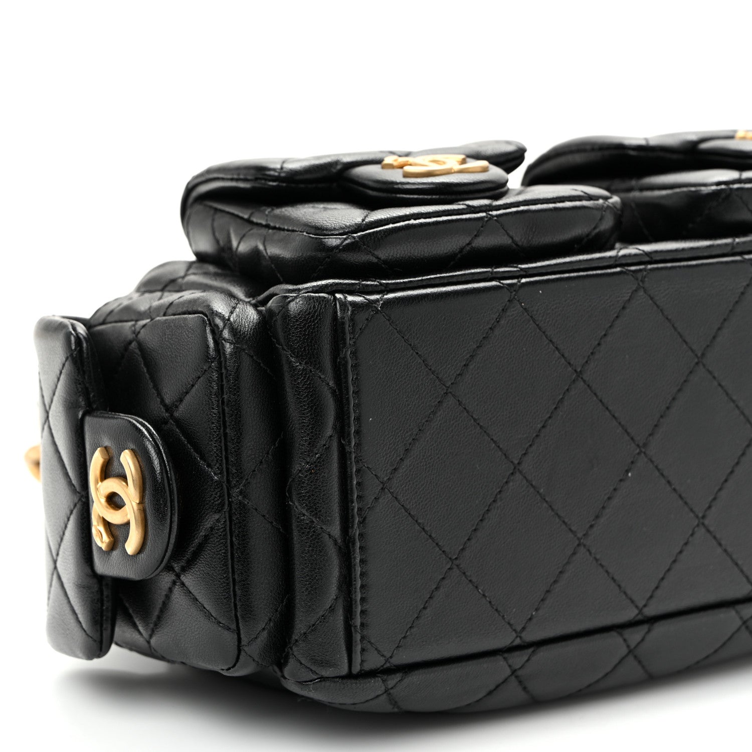 Shiny Lambskin Quilted Trendy Pockets Hobo Black
