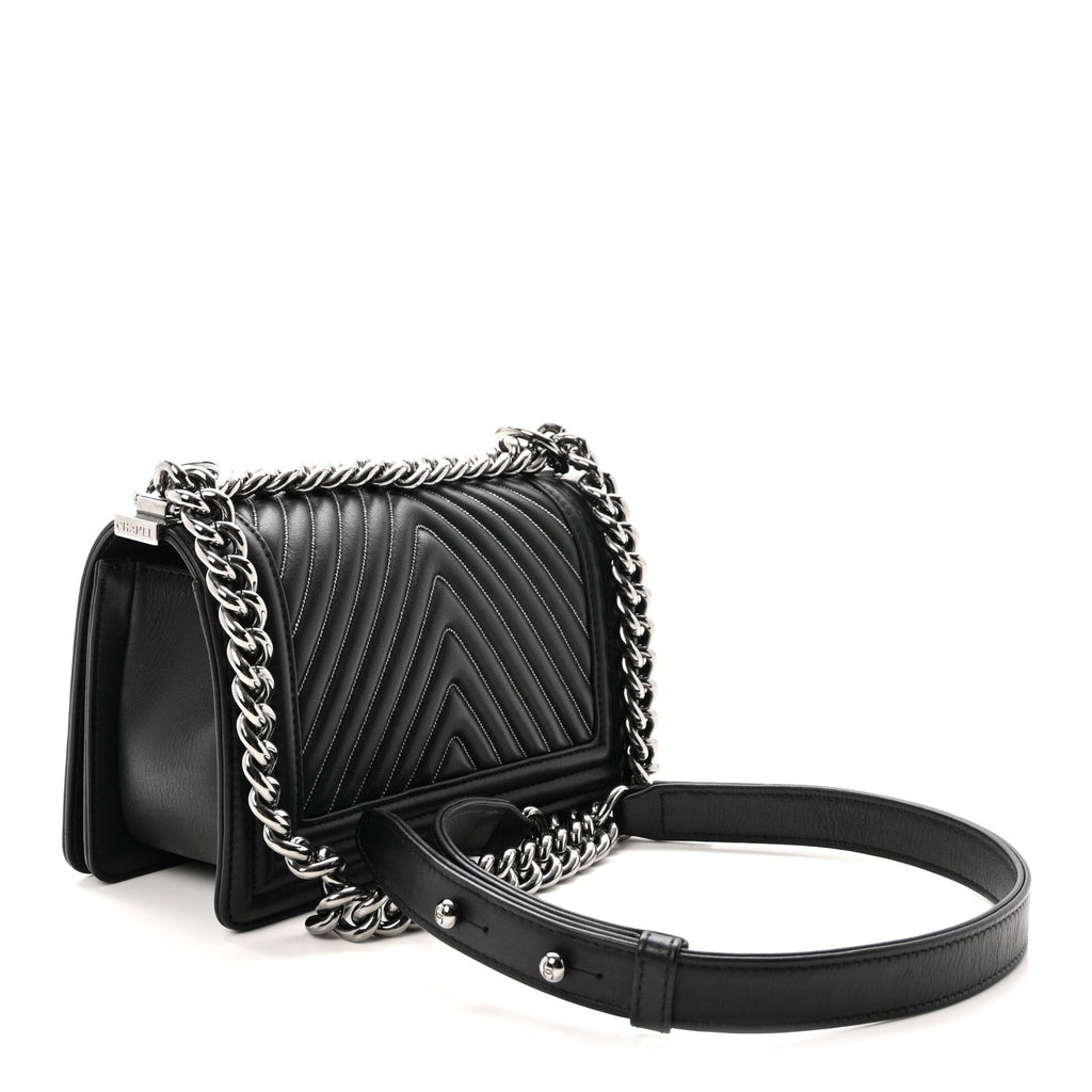 Calfskin Chain Chevron Small Boy Flap Black