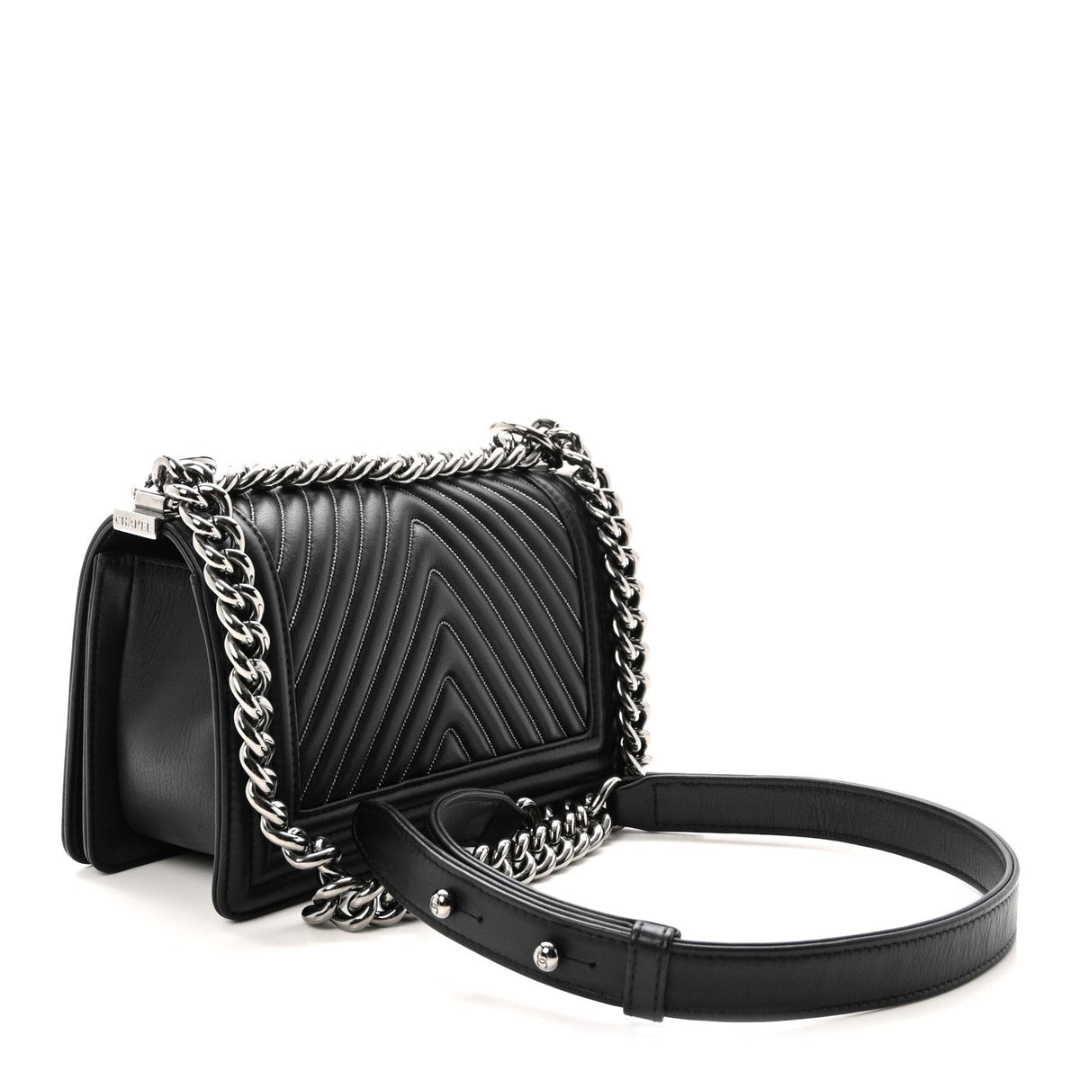Calfskin Chain Chevron Small Boy Flap Black
