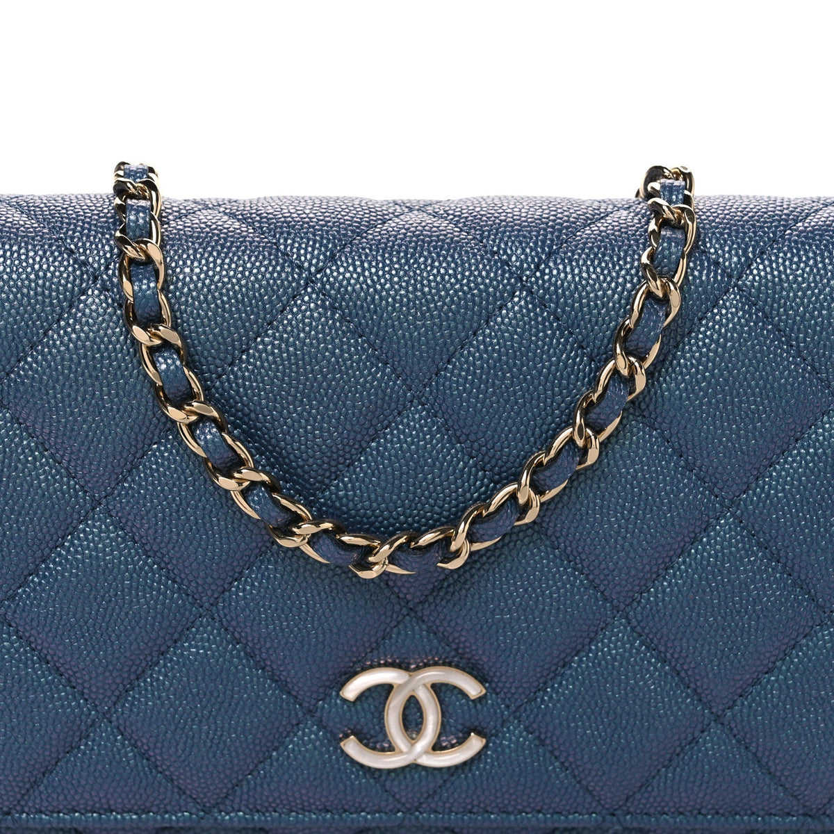 Iridescent Caviar Quilted Wallet on Chain WOC Dark Blue