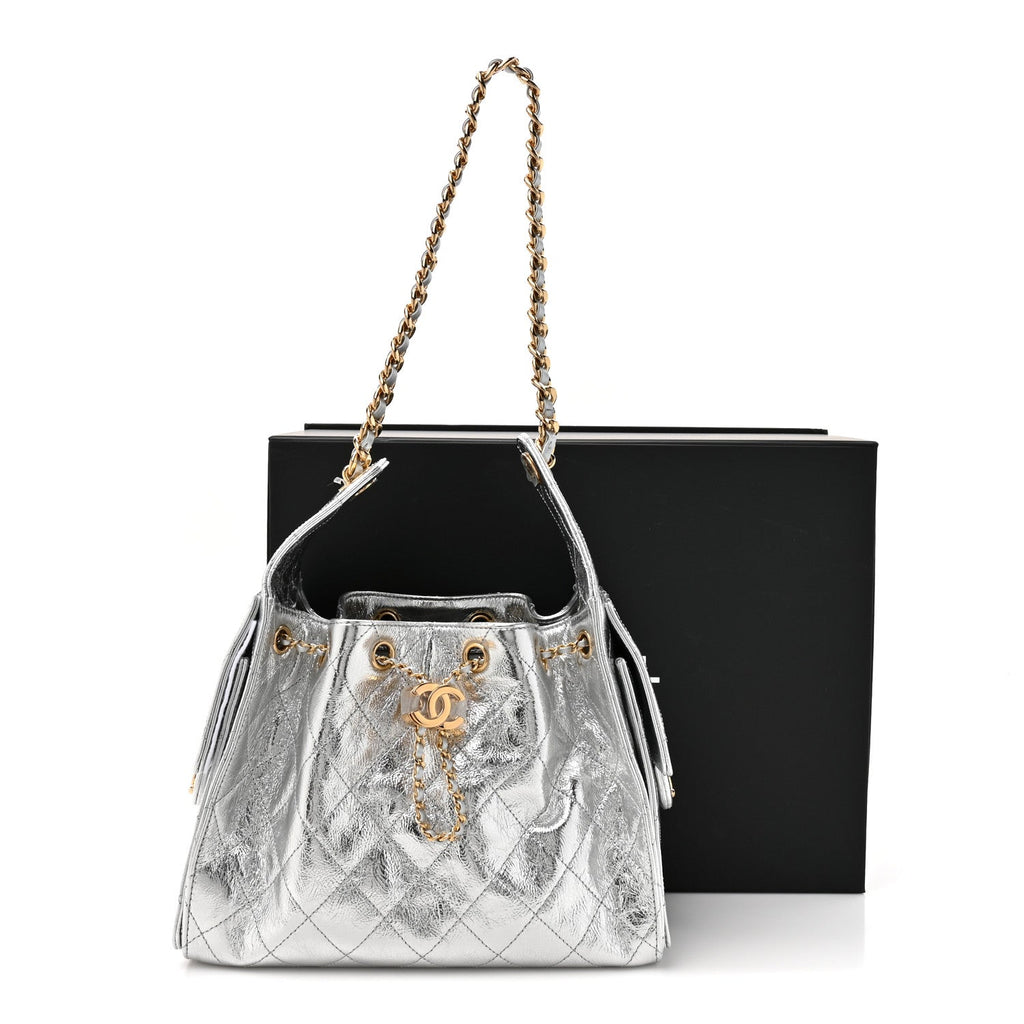 Metallic Crumpled Calfskin Quilted Small Chanel 25 Handbag Silvery