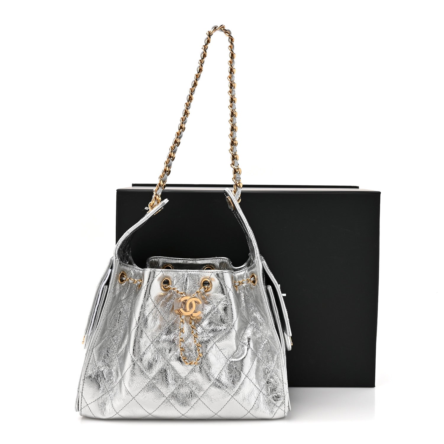 Metallic Crumpled Calfskin Quilted Small Chanel 25 Handbag Silvery